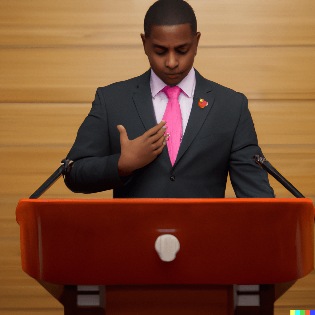 hombre en atril preparando un discurso